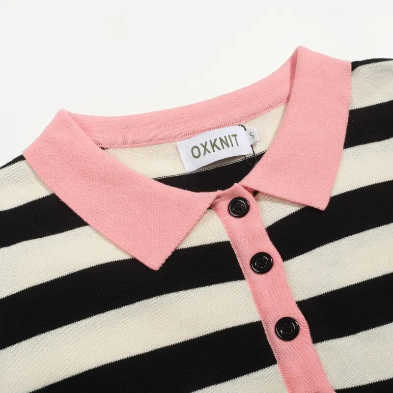 Women's Black Striped Knitted Bubble Sleeve Polo 4