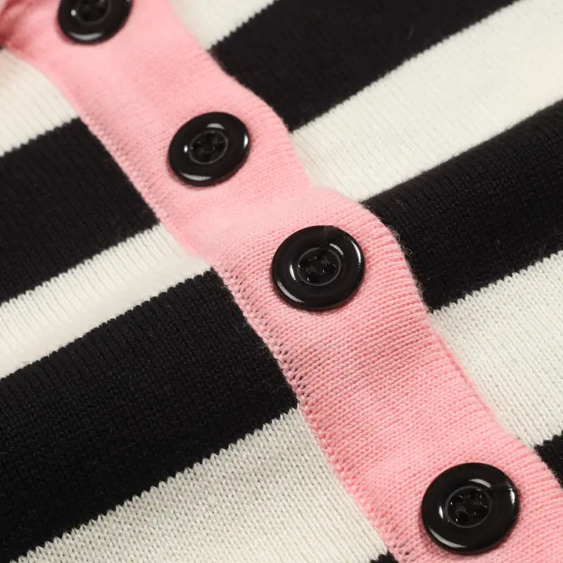 Women's Black Striped Knitted Bubble Sleeve Polo 5