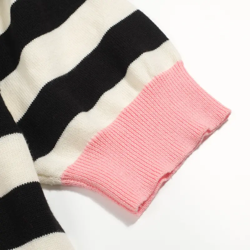 Women's Black Striped Knitted Bubble Sleeve Polo 6