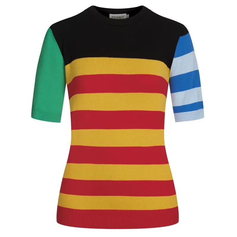 Women's Black Striped Vintage Knit Five-Quarter Sleeve T-Shirt 1