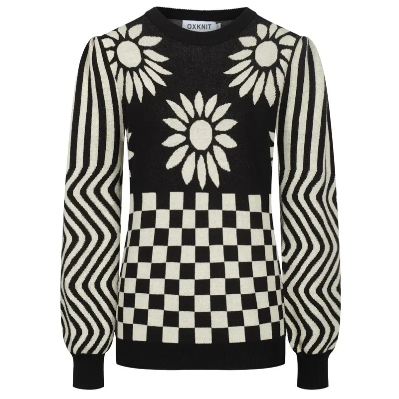 Women's Black Sunflower Jacquard Puffed Sleeve Knitwear 1