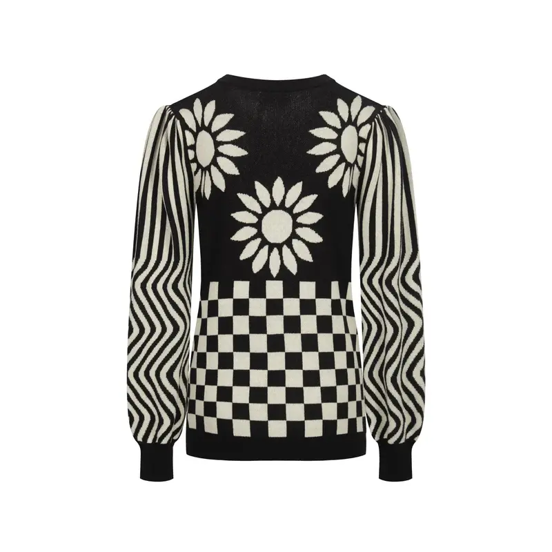 Women's Black Sunflower Jacquard Puffed Sleeve Knitwear 3