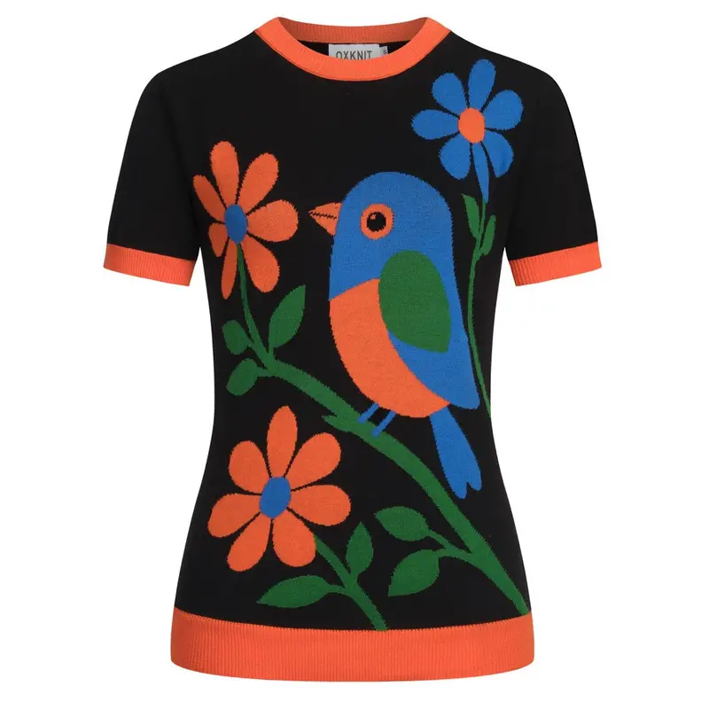 Women's Black Vintage Art Bird Jacquard Knit T-Shirt 1