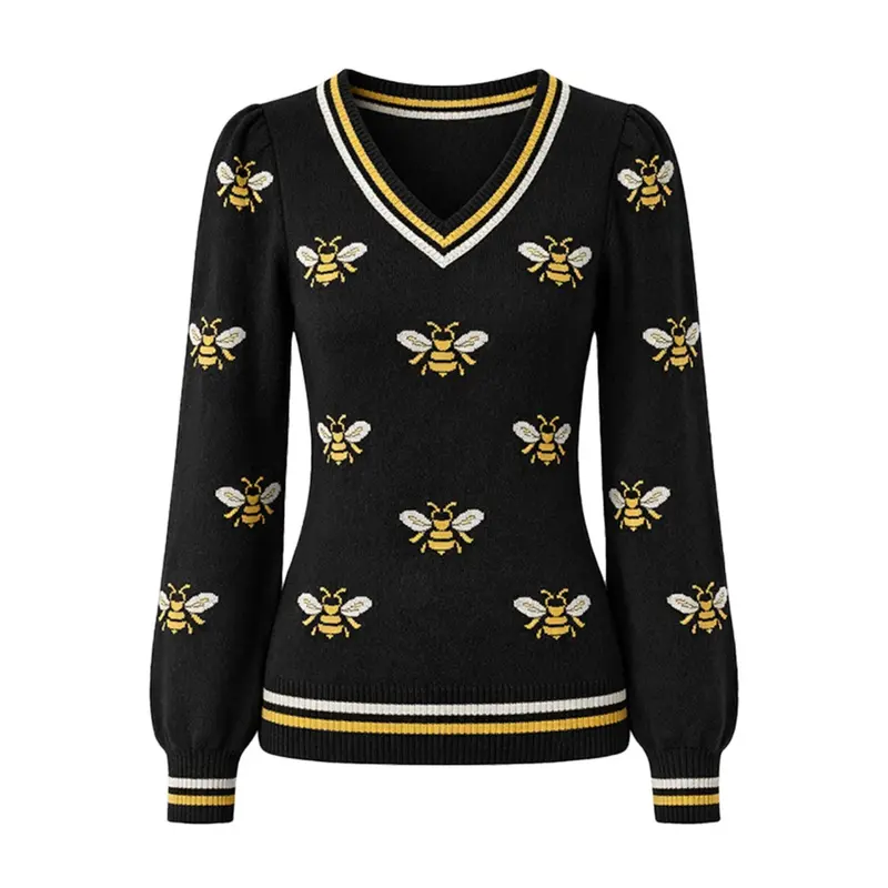 Women's Black Vintage Bee Bubble Sleeve Knitwear 1