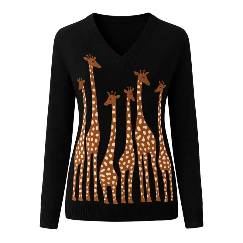 Women's Black Vintage Giraffe Jacquard Knitwear 1