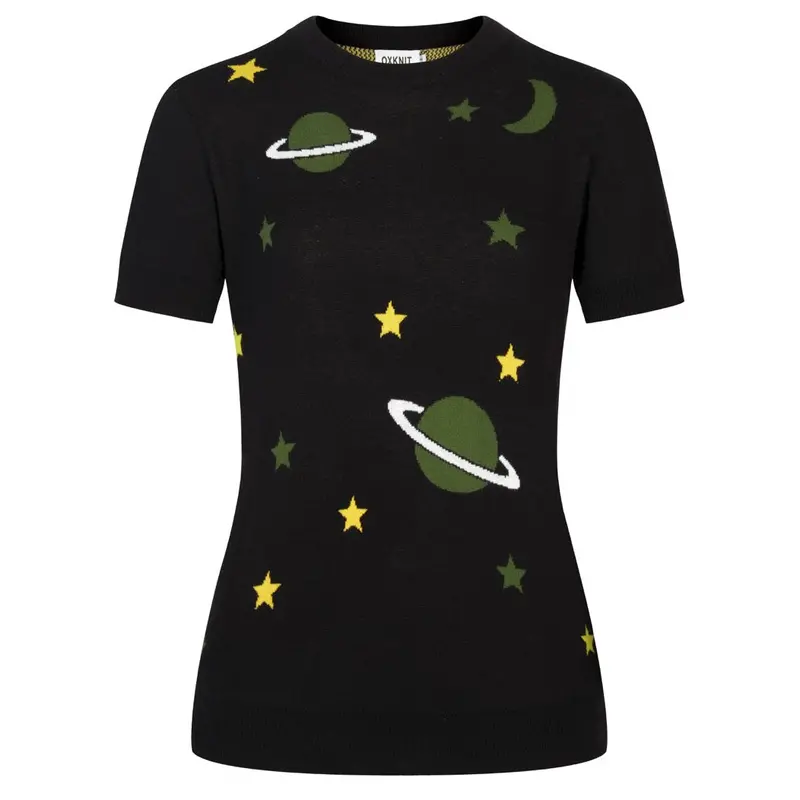 Women's Black Vintage Jacquard Planet Knit T-Shirt 1
