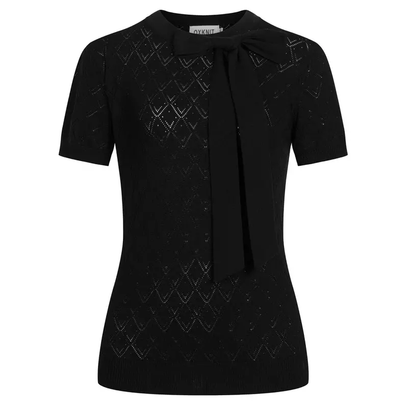 Women's Black Vintage Knit Lace-Up Summer T-Shirt 1