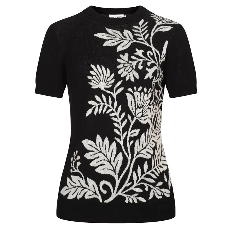 Women's Black Vintage Plant Jacquard Knit Summer T-Shirt 1