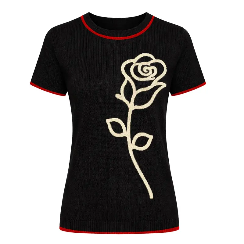 Women's Black Vintage Rose Artistic Jacquard Knit T-Shirt 1