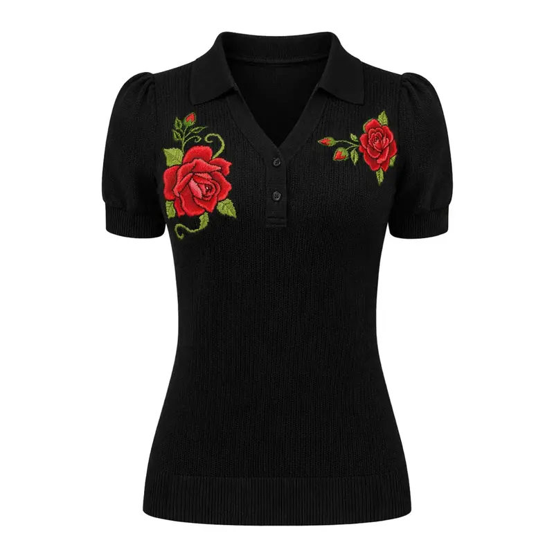 Women's Black Vintage Rose Embroidered Polo Collar Knit T-Shirt 1