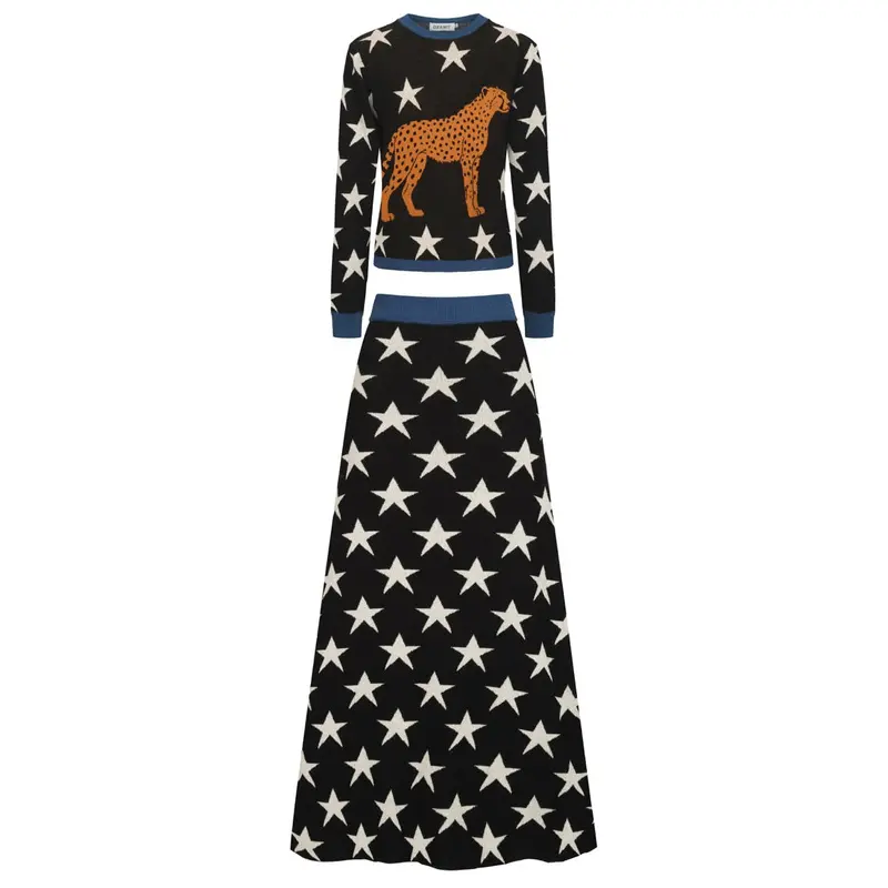 Women's Black Vintage Star Cheetah Street Fashion Jacquard Knit Set 1