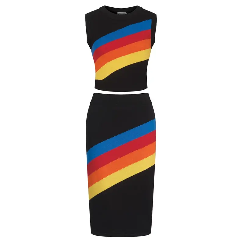 Women's Black Vintage Striped Jacquard Knit Vest Skirt Suit 1