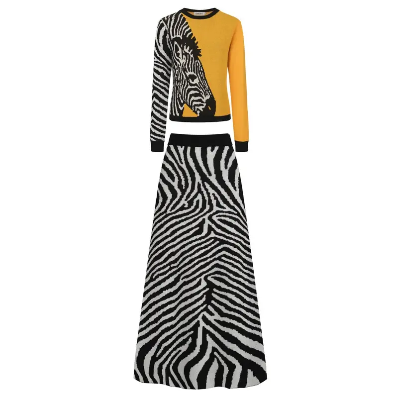 Women's Black Vintage Striped Small Horse Street Fashion Jacquard Knit Set 1