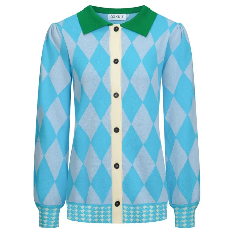 Women's Blue Diamond Lattice Jacquard Puffed Sleeve Knit Cardigan 1