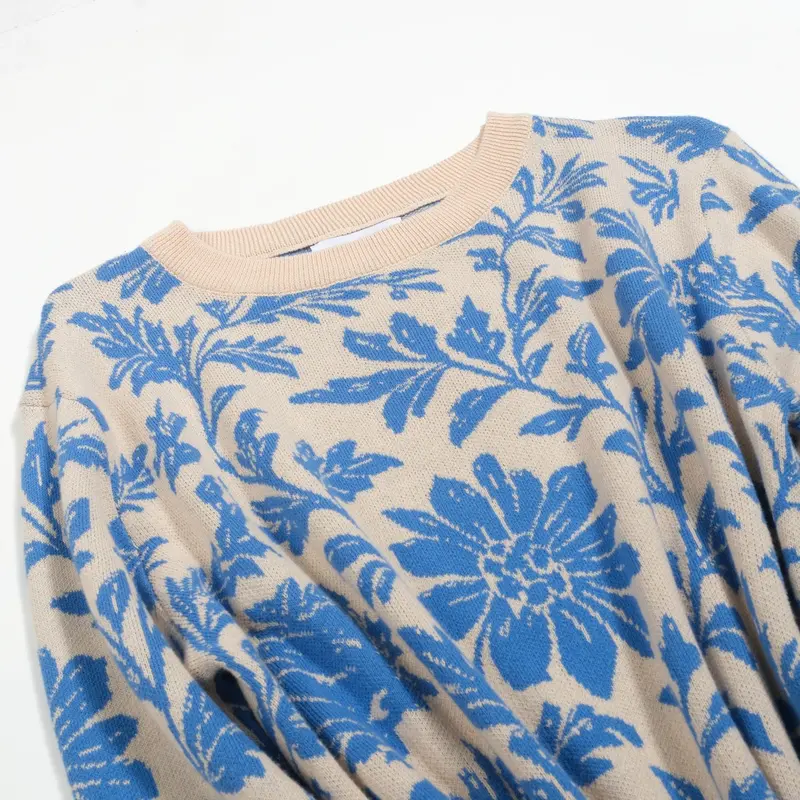 Women's Blue Floral Jacquard Street Knitwear 6