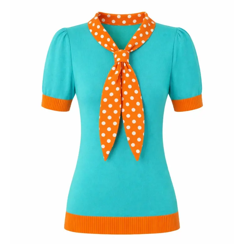 Women's Blue-Green Retro Polka Dot Bow Tie Knit T-Shirt 1