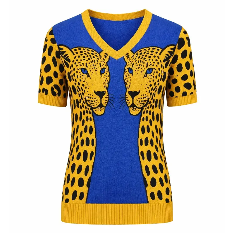 Women's Blue Retro Leopard Pattern Jacquard V-Neck Knit T-Shirt 1