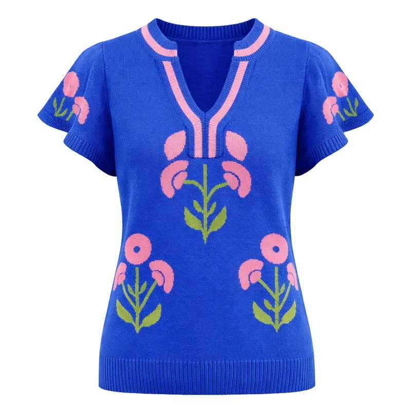 Women's Blue Retro Ruffle Sleeve Pop Floral Jacquard Knit T-Shirt 1