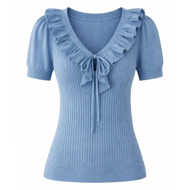 Women's Blue Retro Ruffled Tie-Waist V-Neck Knit T-Shirt 1