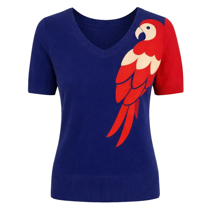 Women's Blue Retro Tropical Art Style Jacquard V-Neck Knit T-Shirt 1