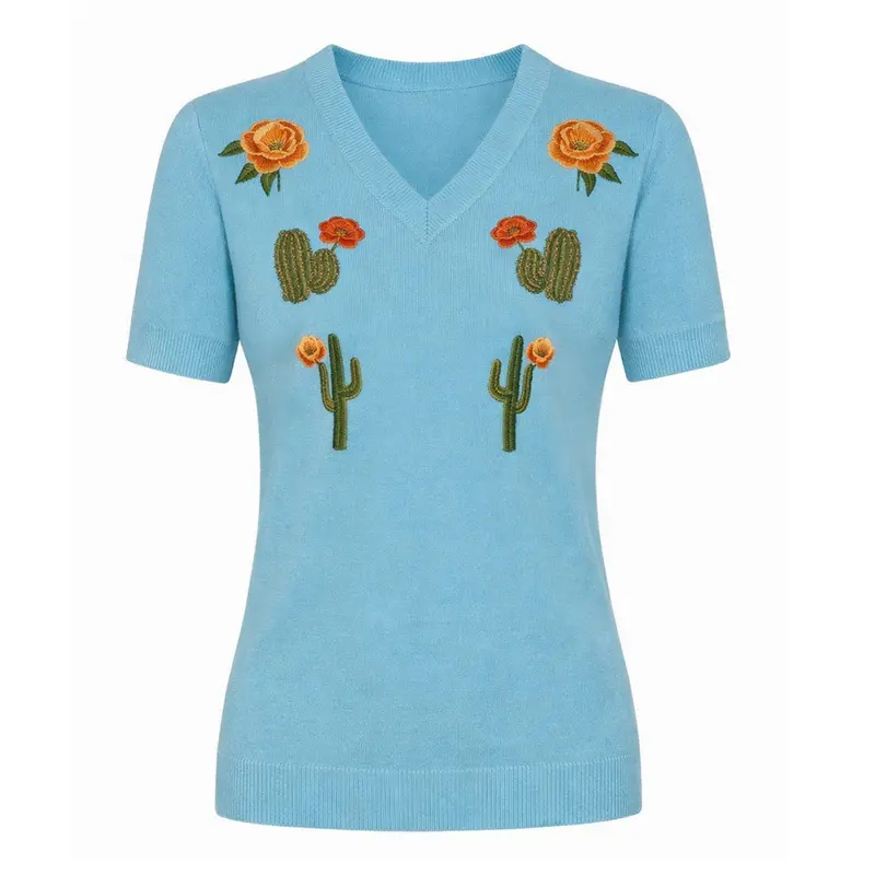 Women's Blue Retro V-Neck Embroidered Knit T-Shirt 1