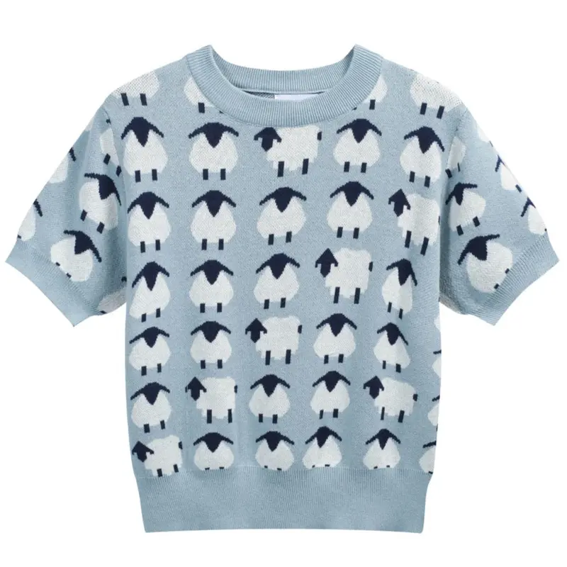 Women’S Blue Sheep Knit Tee – Playful Pastel Pullover-Cropped Length 1