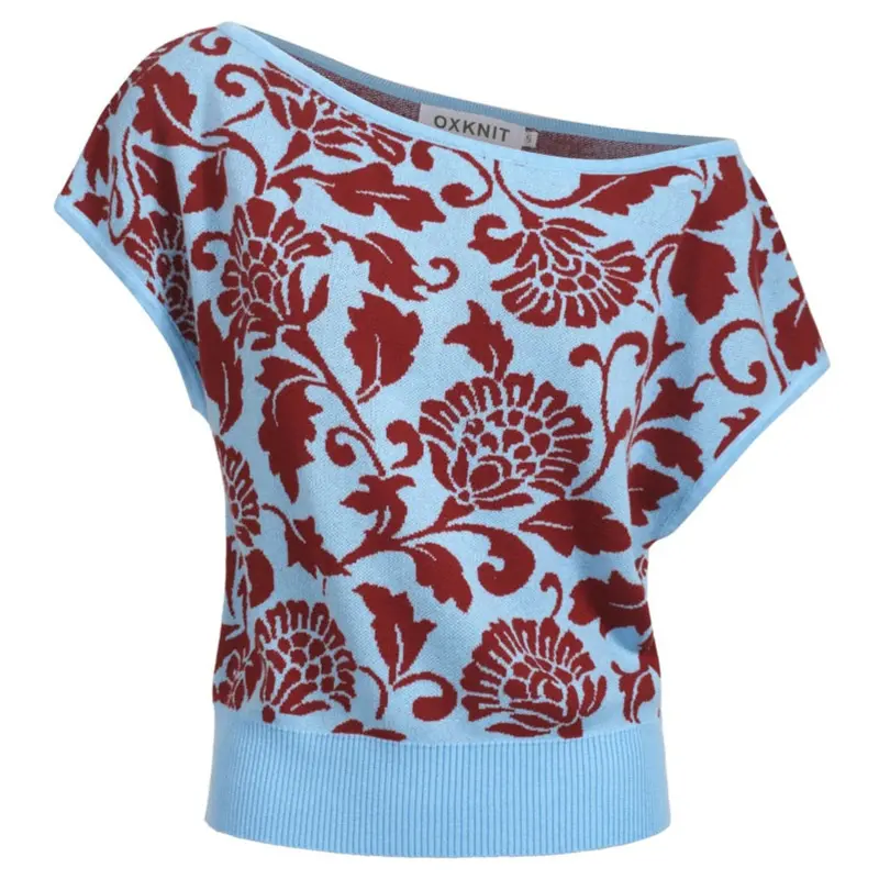 Women's Blue Slope-Shoulder Knit T-Shirt - Cropped Length 1