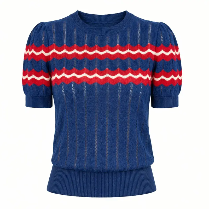 Women's Blue Striped Hollow-Out Puff Sleeve Knit T-Shirt - Cropped Length 1