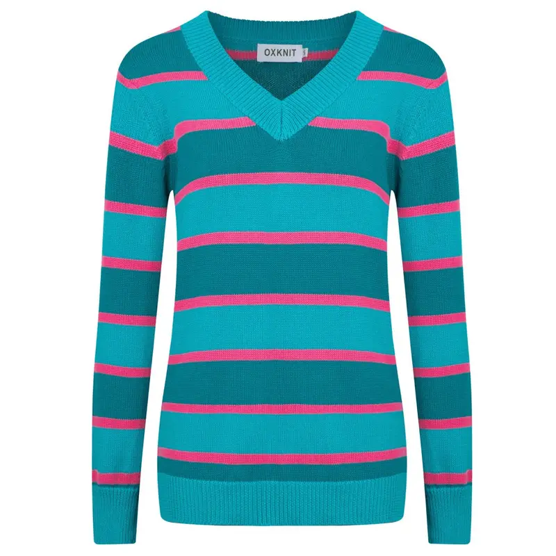 Women's Blue Striped Jacquard V-Neck Knitwear 1