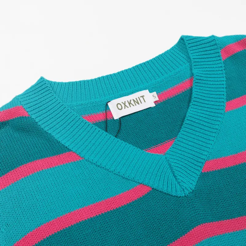 Women's Blue Striped Jacquard V-Neck Knitwear 4