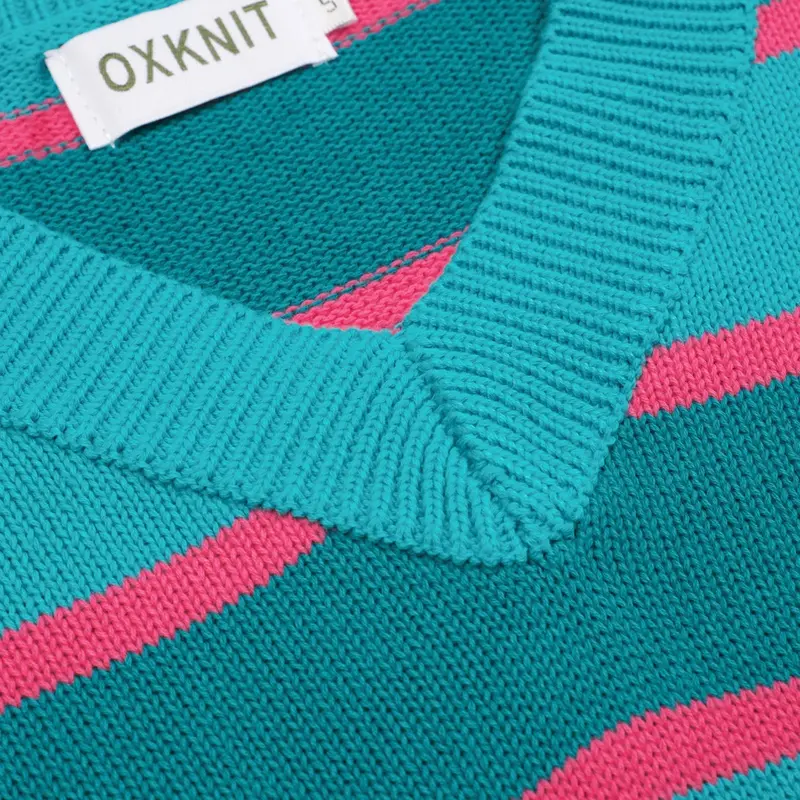 Women's Blue Striped Jacquard V-Neck Knitwear 5