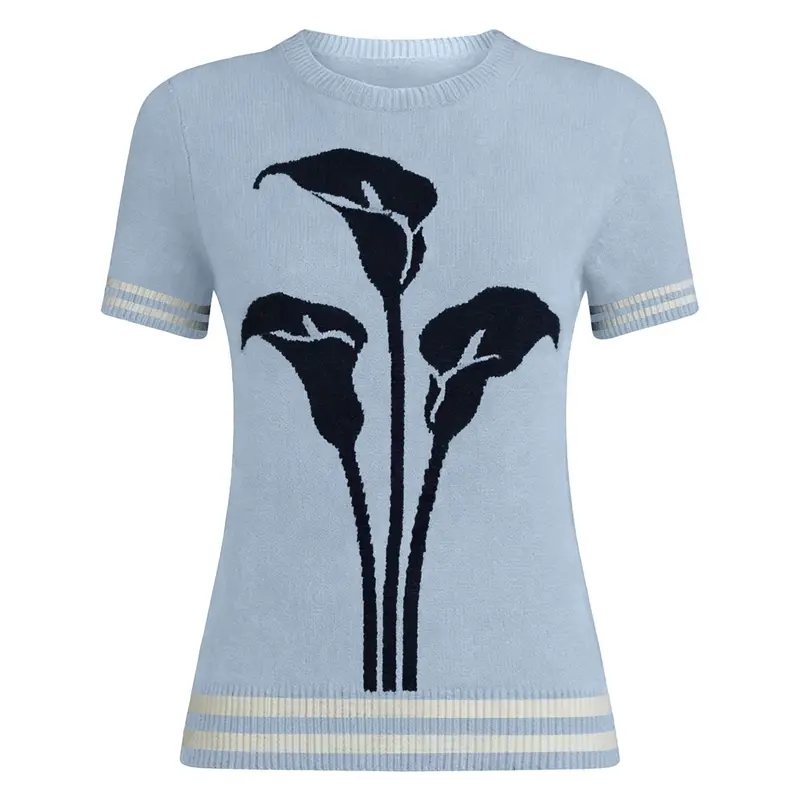 Women's Blue Vintage Floral Fashion Jacquard Knit T-Shirt 1