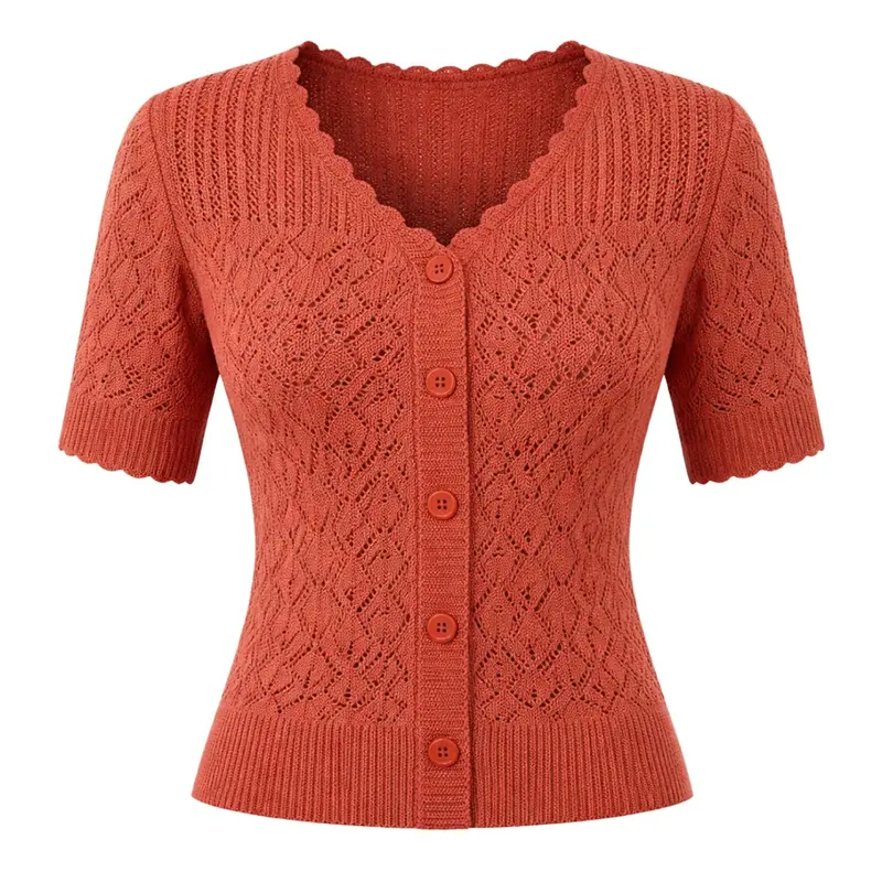 Women's Brick Orange 70S Vacation Hollow Knit Top T-Shirt - Cropped Length 1
