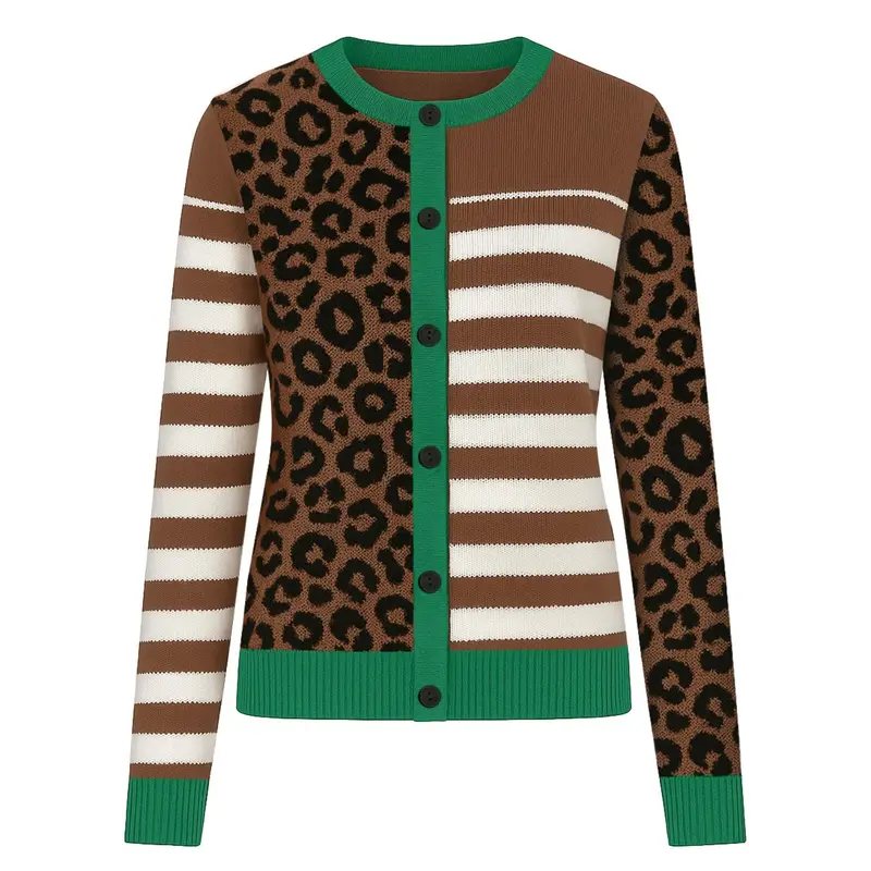 Women's Brown Art Leopard Print Striped Jacquard Knit Cardigan 1
