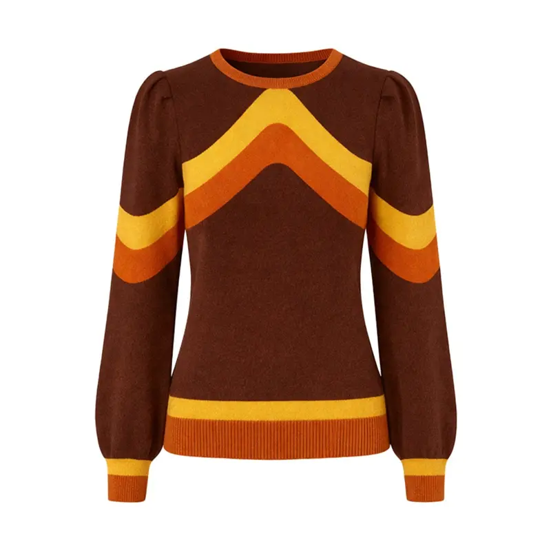 Women's Brown Art Vintage Jacquard Bubble Sleeve Knitwear 1