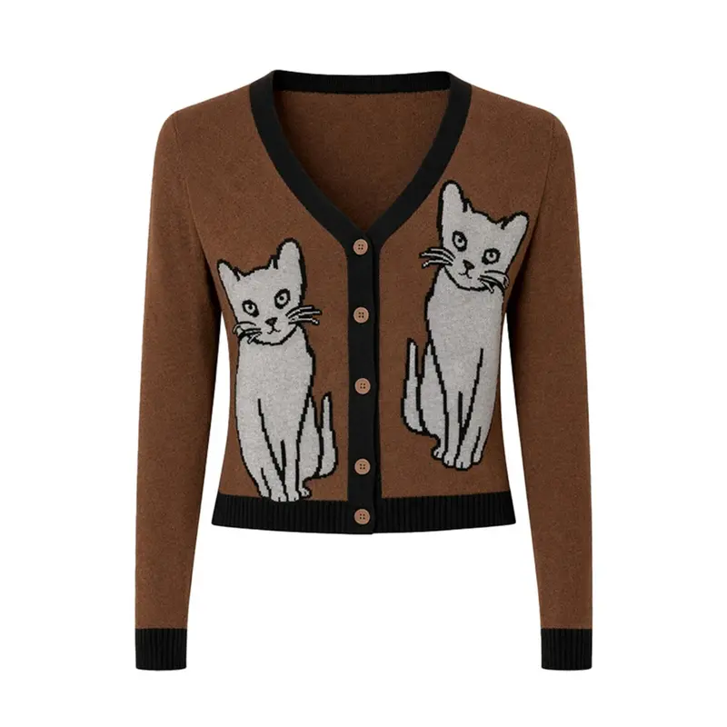 Women's Brown Cat Art Design Knit Cardigan - Cropped Length 1