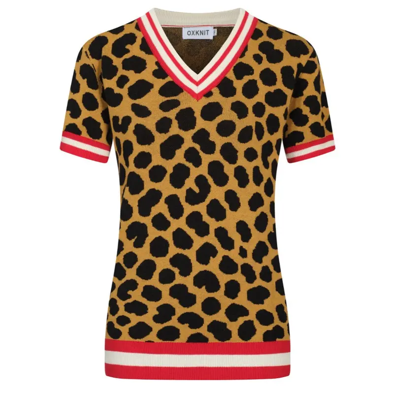 Women's Brown Leopard Print Jacquard V-Neck Knit T-Shirt 1
