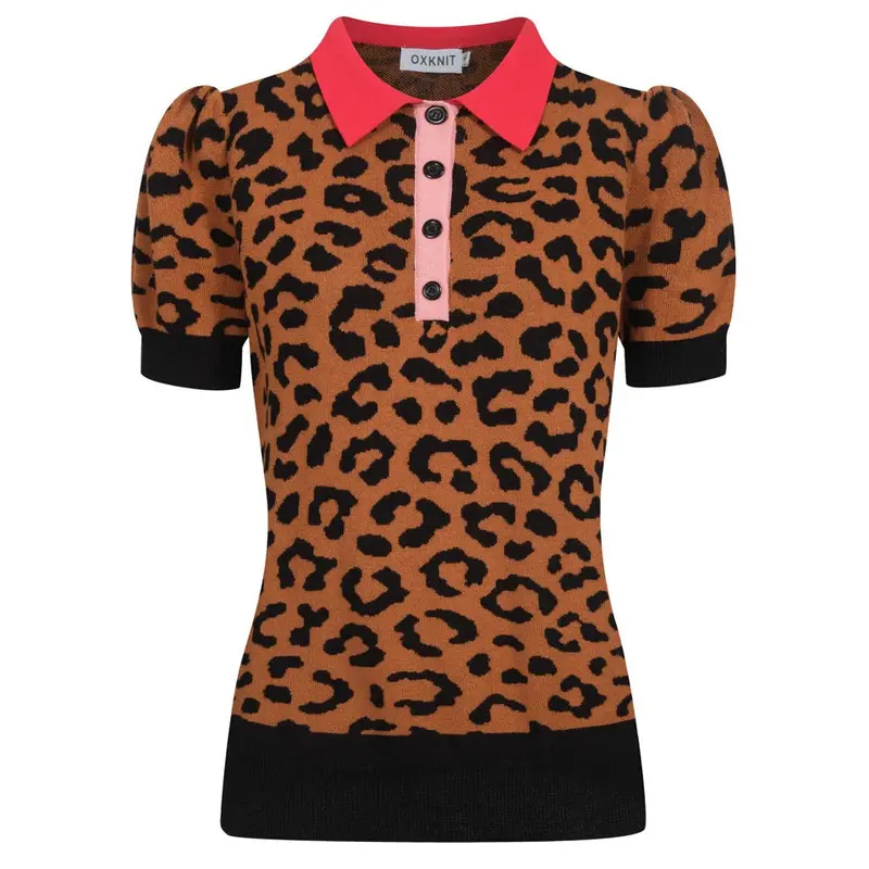 Women's Brown Leopard Print Puff Sleeve Polo 1