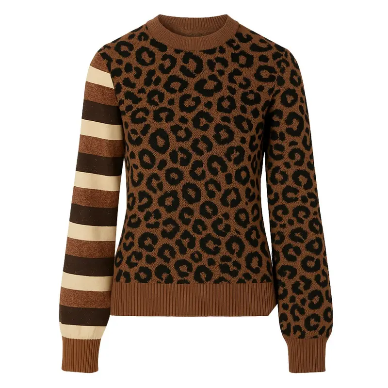 Women's Brown Leopard Print Striped Classic Retro Knitwear - Cropped Length 1