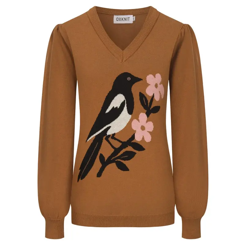 Women's Brown Magpie V-Neck Puffed Sleeve Knitwear 1