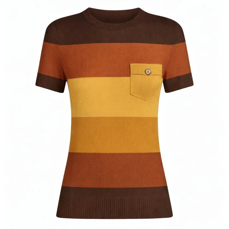 Women's Brown Retro Striped Pocket Crew Neck Knit T-Shirt 1