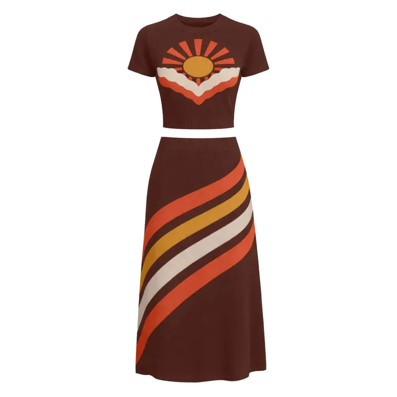 Women's Brown Sun Striped Vintage Jacquard Knit Dress Set 1
