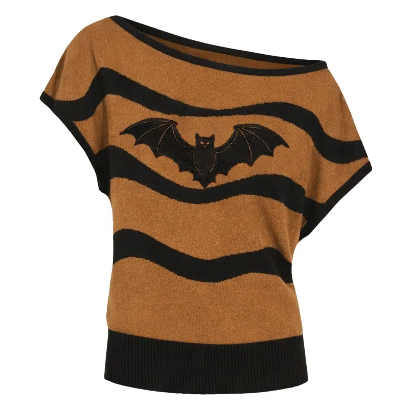 Women's Brown Vintage Bat Embroidery Knit Sloping Shoulders T-Shirt - Cropped Length 1