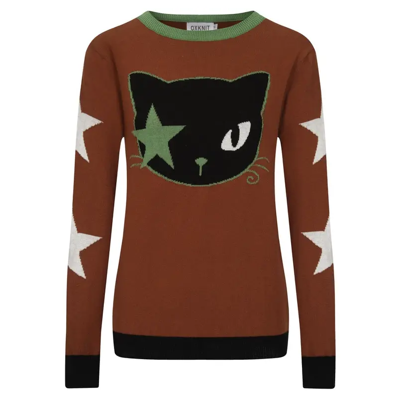Women's Brown Vintage Cat Star Art Fashion Jacquard Knitwear 1