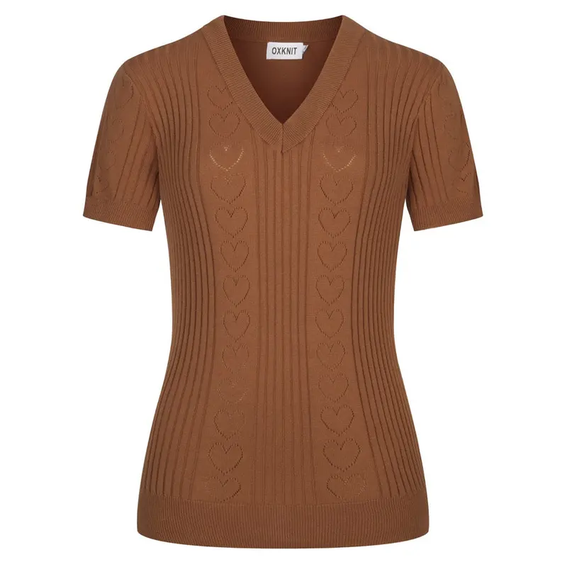Women's Brown Vintage Textured Knit V-Neck T-Shirt 1