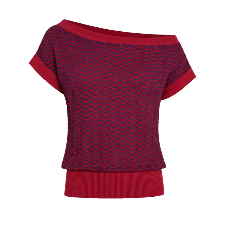 Women's Burgundy Retro Wavy Striped Jacquard Knit Shoulder T-Shirt - Cropped Length 1