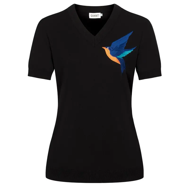 Women's Classic Black Bird Embroidered Knit T-Shirt 1