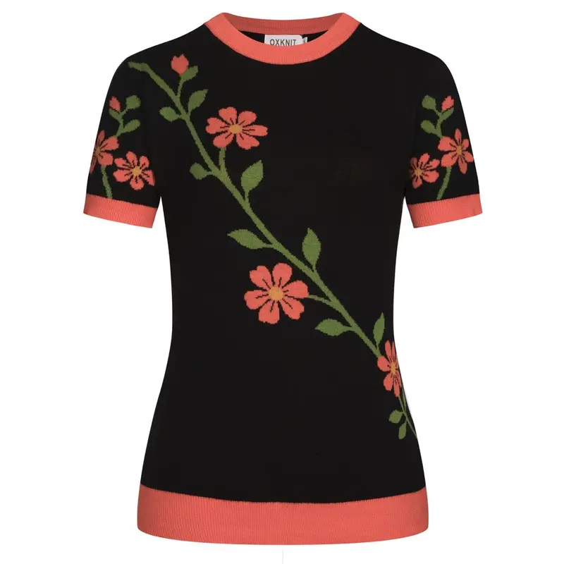 Women's Classic Black Floral Design Jacquard Knit T-Shirt 1