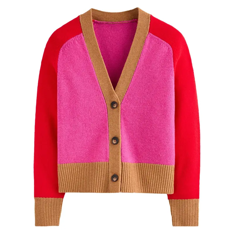 Women’S Colorblock Knit Cardigan – Pink, Red & Camel Retro Button-Up-Cropped Length 1