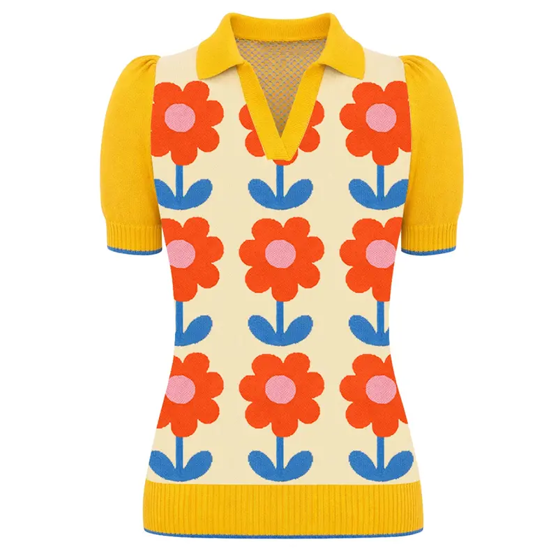 Women's Cream Yellow Retro Hippie Floral Jacquard Polo Collar Knit T-Shirt 1